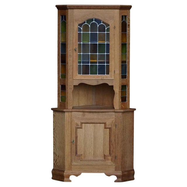 Mid-Century Danish Oak Corner Cabinet with Leaded Stained Glass, 1940s For Sale - Image 12 of 12