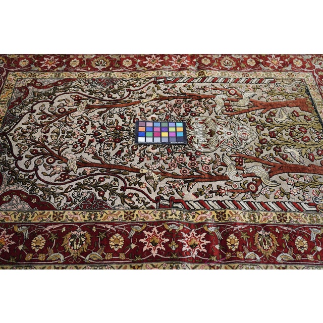 1960s Extremely Fine Turkish Silk Hereke With the Field Woven With Silver Metal Treads Rug 3'3'' X 4'6'' For Sale - Image 9 of 11