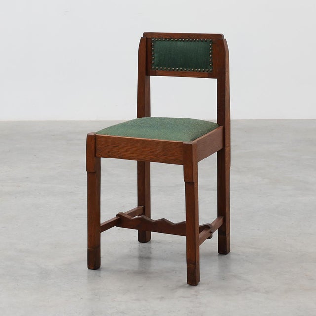 Belgian Modernist Art Deco Oak Side Chair with Green Upholstery, 1920s For Sale - Image 13 of 13