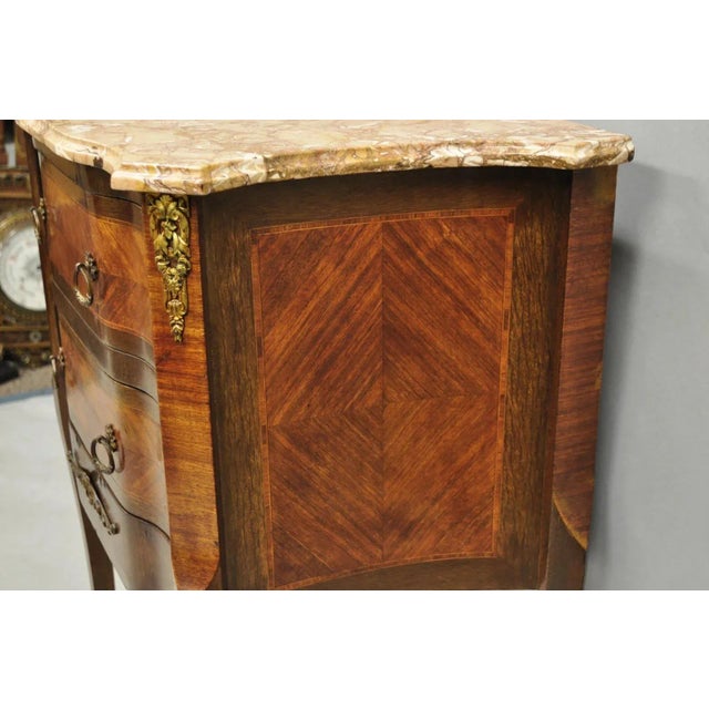 Wood Antique French Louis XV Marquetry Inlay Marble Top Bombe Nightstand For Sale - Image 7 of 12