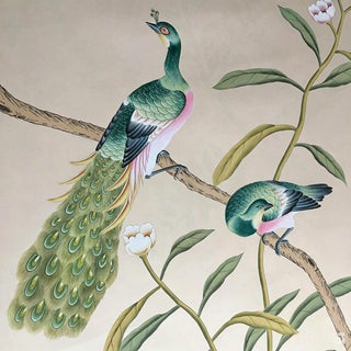 Hand Painted Chinoiserie Wallpaper Mural With Birds and Botanical Branches, Elegant Nature Inspired Wall Art For Sale