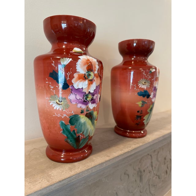Late 19th Century Pair of Large Bristol Milk Glass Victorian Floral Hand Painted Vases For Sale - Image 5 of 14