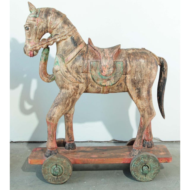 Pair of Monumental Indian Polychrome Carved Wood Horses on Wheels, 19th C. For Sale - Image 10 of 17