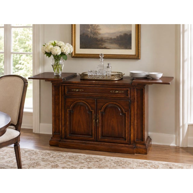 Copper 1970s Vintage Bernhardt Hibriten Expandable Pecan & Oak Flip-Top Server For Sale - Image 8 of 9