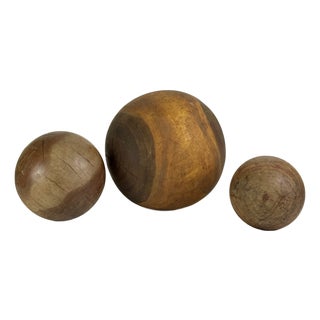 Set of 3 Large Vintage Turned Wood Balls in 3 Sizes Circa Mid Century Modern, Sculptural Objects For Sale