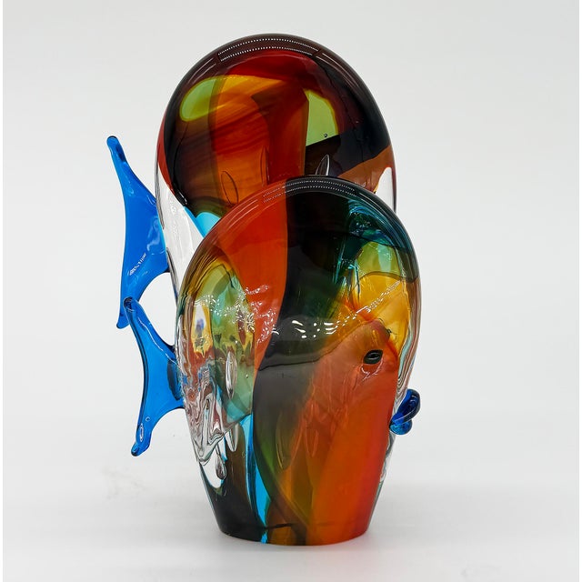 Large Blown Glass Tropical Fish Sculpture Murano Labeled, 1960s Offered for sale is a large hand-blown glass tropical fish...