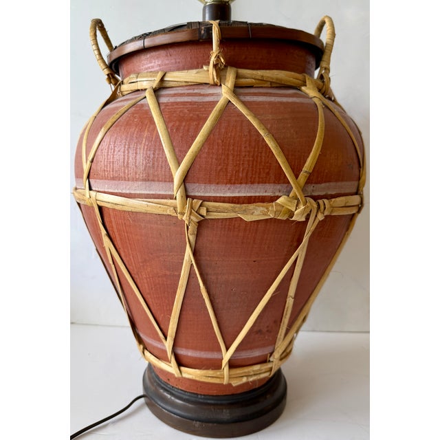 Massive Terracotta & Rattan Table Lamp From 70's For Sale In Miami - Image 6 of 8