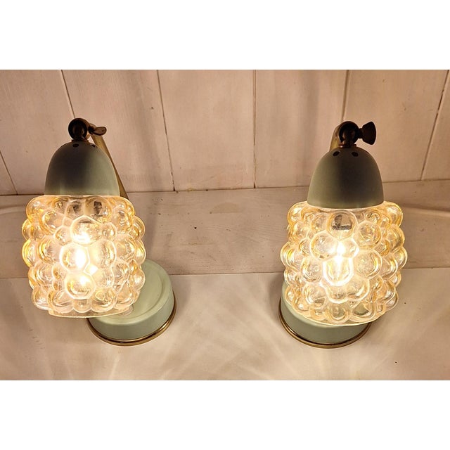 1960s Mid-Century Bedside Lamps with Blue-Green Lacquered Metal Frames, Brass Archs and Amber Bubble Glass Shades, 1960s, Set of 2 For Sale - Image 5 of 12