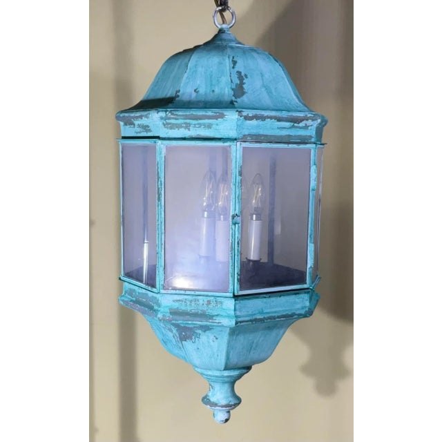 1960s Vintage Solid Brass & Verdigris Patina Outdoor/Indoor Lantern For Sale - Image 5 of 16