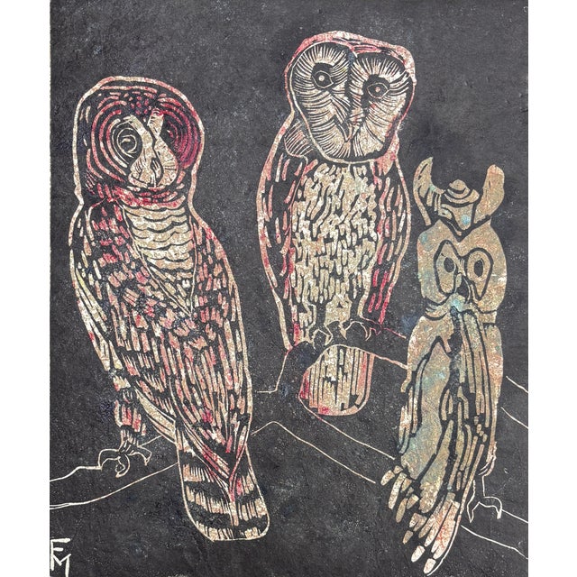 Black Vintage MCM Woodcut/Engraving Titled ‘Three Owls’ Signed by Fannie Mennen (1903-1995) For Sale - Image 8 of 9