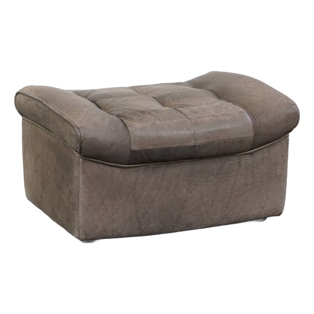 Vintage Gray Leather Ottoman, 1970s For Sale