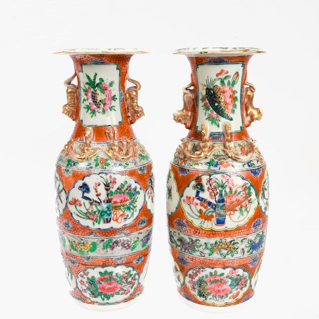 Chinese Pair of Antique Chinese Export Famille Rose Canton Orange Ground Vases or Urns For Sale - Image 3 of 12