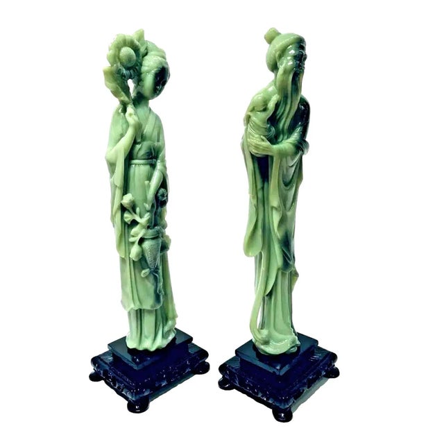 Vintage 1960s Gino Ruggeri for Wony, Italy Faux Green Jade Japanese Couple Sculpture Figurines - Set of 2 For Sale - Image 9 of 11