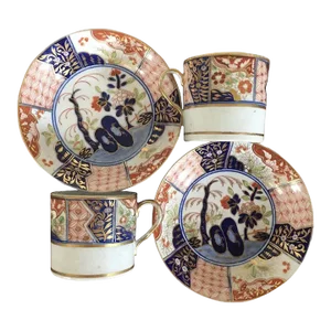 Early 19th Century Coalport Porcelain Imari Rock & Tree Tea Cups & Saucers - 4 Pieces