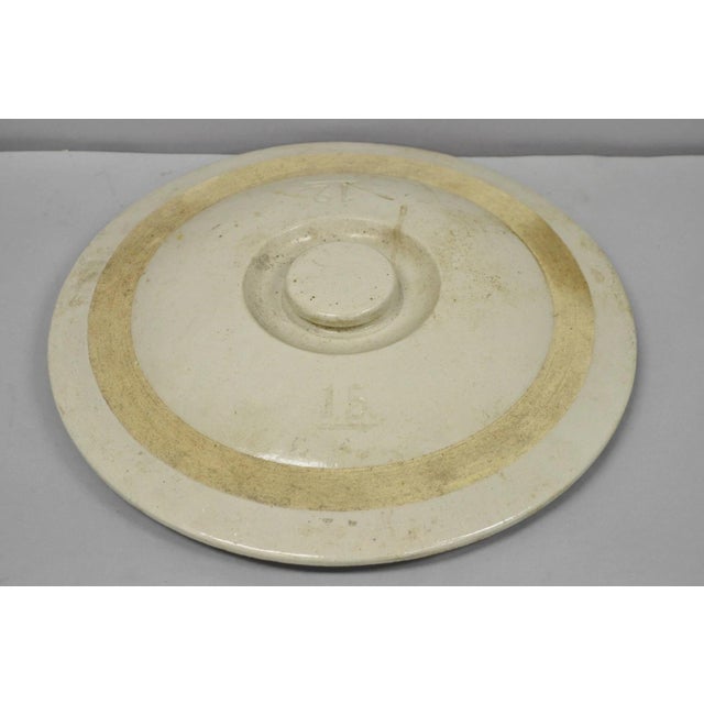 Ceramic Antique American Primitive Salt Glazed Ceramic 15 Gallon Crock Pot Lid Cover For Sale - Image 7 of 15