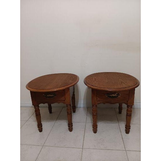 1970s Vintage Wood End Table Oval by Broyhill One Drawer Set of 2 For Sale - Image 5 of 6