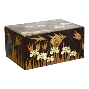 Early 20th Century Japanese Late Meiji Period Black Lacquer Blanket Chest with Golden Painted Décor