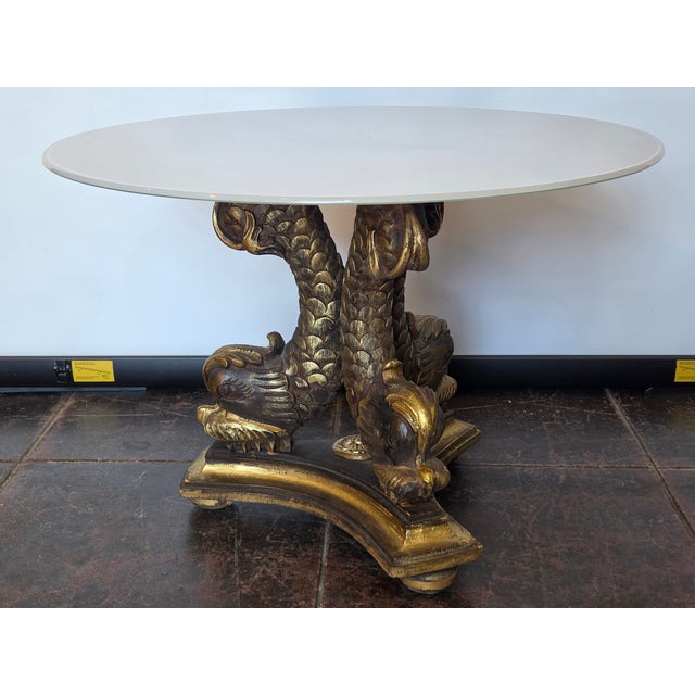 Hollywood Regency Dolphin Koi Fish Italian Carved Wood Base Faux Carrera Marble Glass Top For Sale - Image 3 of 6