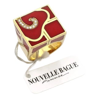 La Nouvelle Bague Diamond Enamel 18k Gold Square Ring - Size 8.5 For Sale