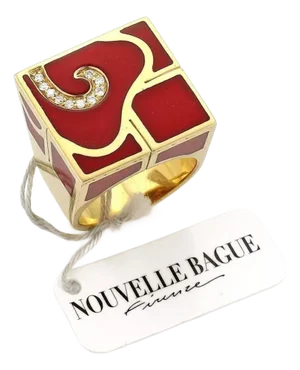La Nouvelle Bague Diamond Enamel 18k Gold Square Ring - Size 8.5
