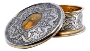 Jewelry Box in Embossed Silver with Circular Plant Motifs, Gold Interior and Antique Lady Removable Lid