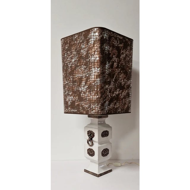 70s table lamp by Zaccagnini in ceramic with fabric lampshade. Lamp measurements - height 49cm, width 14cm, depth 14cm....