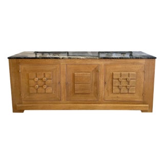 French Oak Buffet W/ Geometric Details and Marble Top For Sale