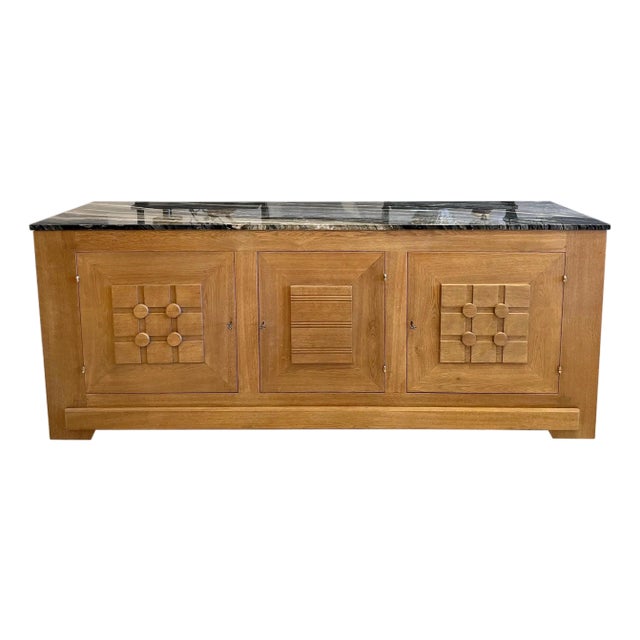 French Oak Buffet W/ Geometric Details and Marble Top For Sale