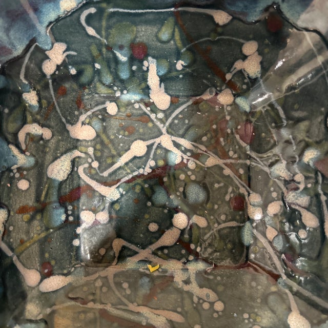 Vintage Studio Art Pottery Stoneware Rustic Blue Green Glazed Scalloped Square Dish Stamped on Bottom For Sale - Image 10 of 12