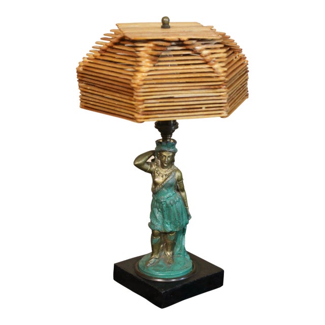 Late 19th Century Eclectic Bronze Woman Lamp With Popsicle Stick Shade For Sale