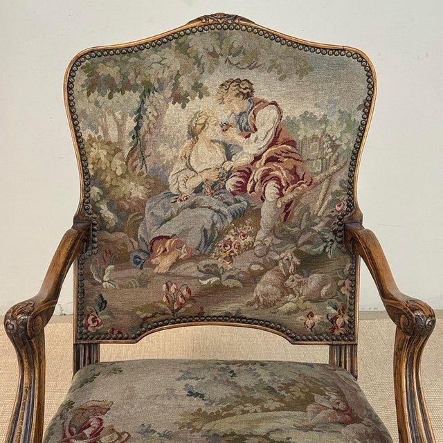Chestnut Antique French Louis XV Walnut Needlepoint Armchair ~ Fauteuil For Sale - Image 8 of 18