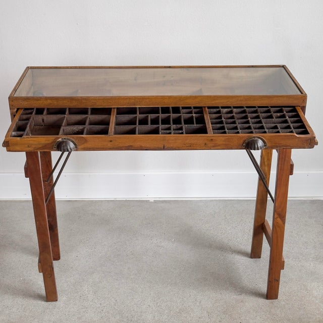 Rustic Vintage Letterpress Tray Top Console Table For Sale - Image 3 of 11