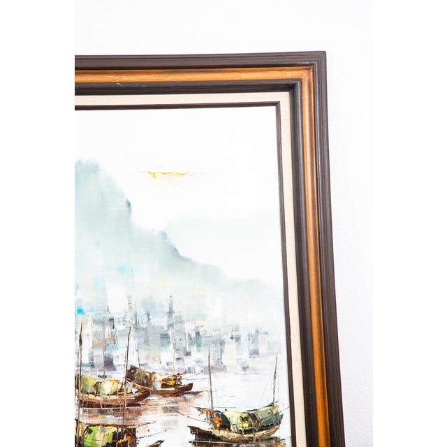 White Mid Century Modern Original Art Boat Sailboat White Green Oil Canvas Signed Nm For Sale - Image 8 of 11