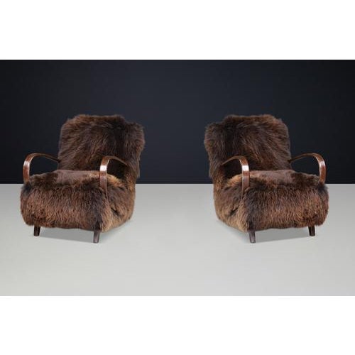Brown Dutch Lounge Chairs in Dark Sheepskin from Jindřich Halabala, 1940s, Set of 2 For Sale - Image 8 of 18