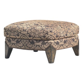 Vintage Square Damask Ottoman With Hand-Painted Faceted Feet & Nailhead Trim For Sale