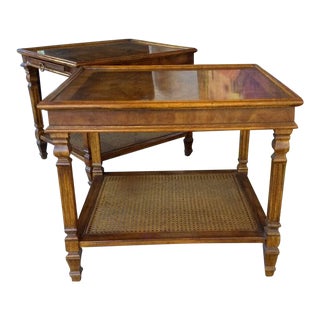 1960s Vintage Mid Century Drexel Heritage Oak & Burl Caned Two Tier Accent End Table For Sale