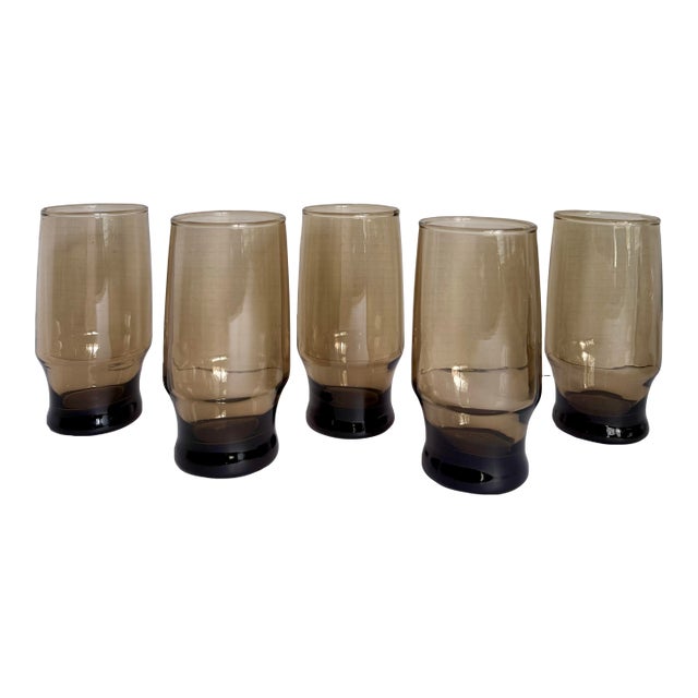 Set of 5 Mid-Century Modern Smoky Brown Architectural Beverage Glasses For Sale