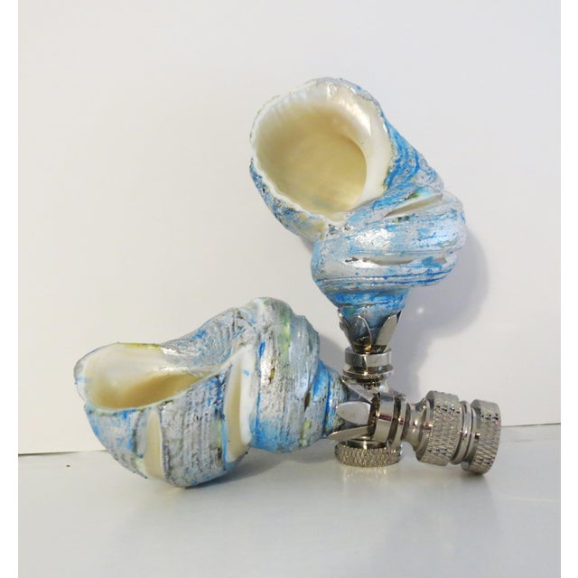 Contemporary Fiji Shell Lamp Finials, Pearl Finish Blue and Silver Leaf Swirls, Coastal Decor, Pair For Sale - Image 3 of 5