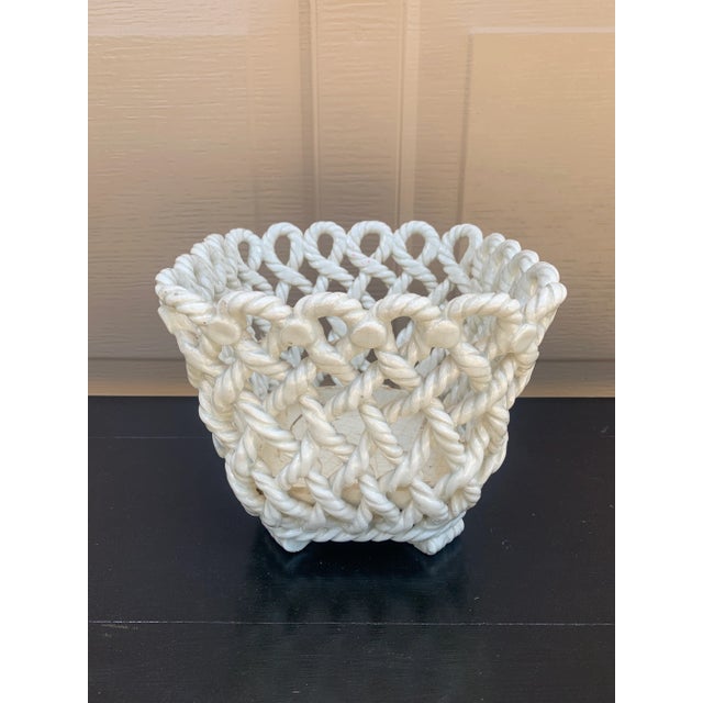1960s French Country Trompe l'Oeil Porcelain Rope Basket Cachepot For Sale - Image 5 of 13