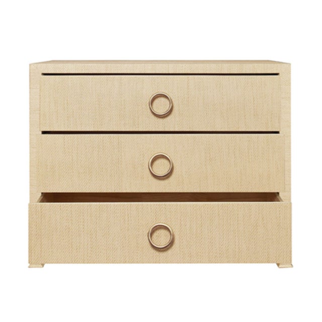 Contemporary Matthew Izzo Home Getty Natural Grasscloth Three Drawer Chest With Antique Brass Circle Hardware For Sale - Image 3 of 8