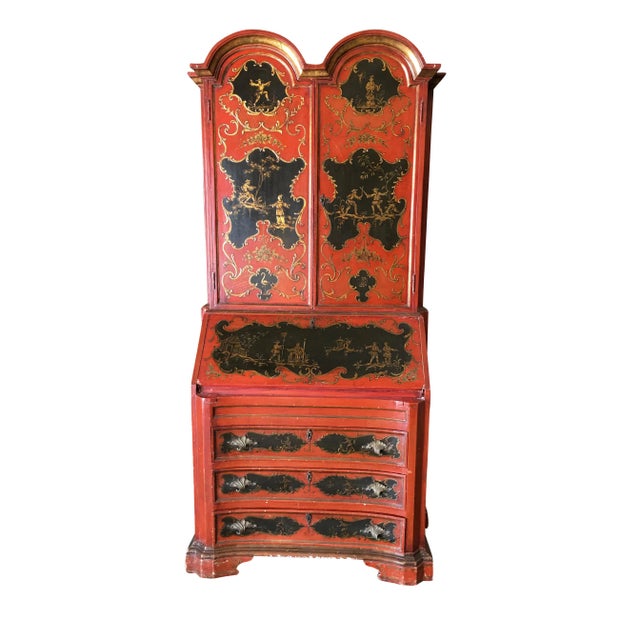 Hollywood Regency secretary desk secretaire bookcase with hand-painted Chinese motif featuring a breakfront cabinet with a...