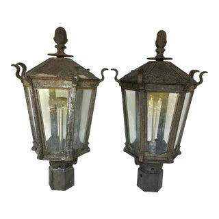 Antique Early 1900s Gas Iron Lamp Post Lanterns - A Pair For Sale