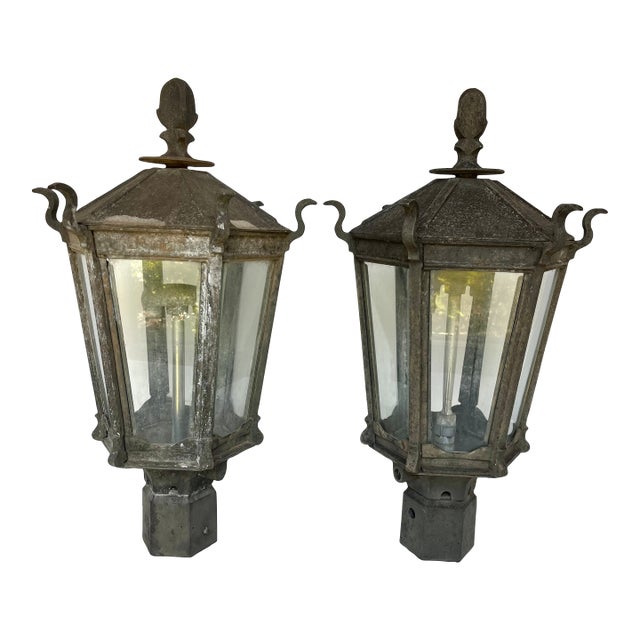 Antique Early 1900s Gas Iron Lamp Post Lanterns - A Pair For Sale