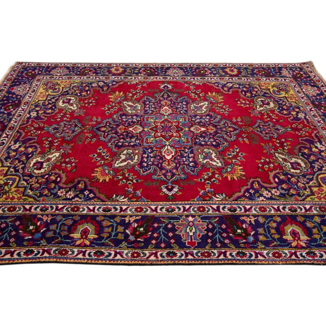 1960s 1960s Vintage Persian Tabriz Handmade Medallion Navy Blue Wool Rug For Sale - Image 5 of 7