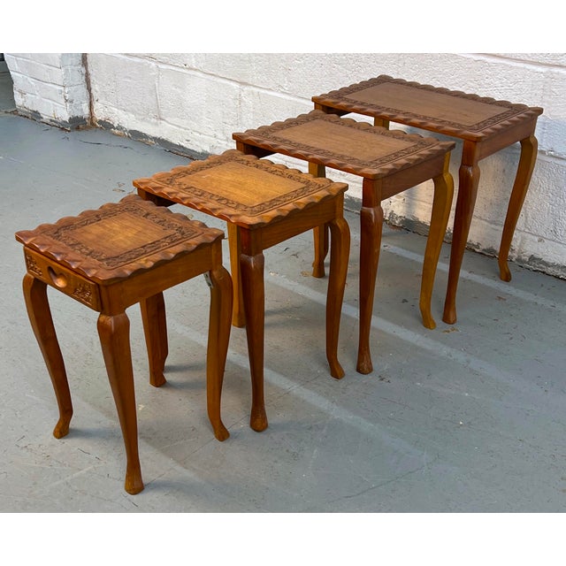 Brown Set of Four Carved Antique Nesting Tables For Sale - Image 8 of 14