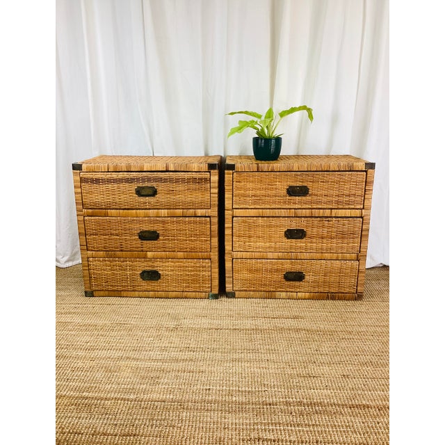 Vintage Pair of Woven Rattan Chest on Chest Dressers Boho Chic Campaign Style For Sale - Image 10 of 15