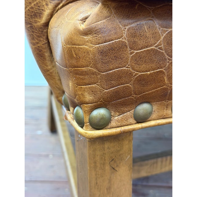 Embossed Cognac Leather Wing Back Chair by Davis and Shaw For Sale - Image 13 of 17