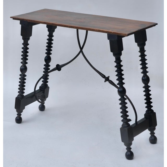A lovely Spanish 19th Century small console table with walnut original top with beautifully worn patina, spool legs and...