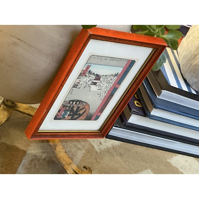 Japanese Mid 20th Century Japanese Miniature Framed Japanese Woodblock Print — Edo‑Style Riverside Scene For Sale - Image 3 of 13