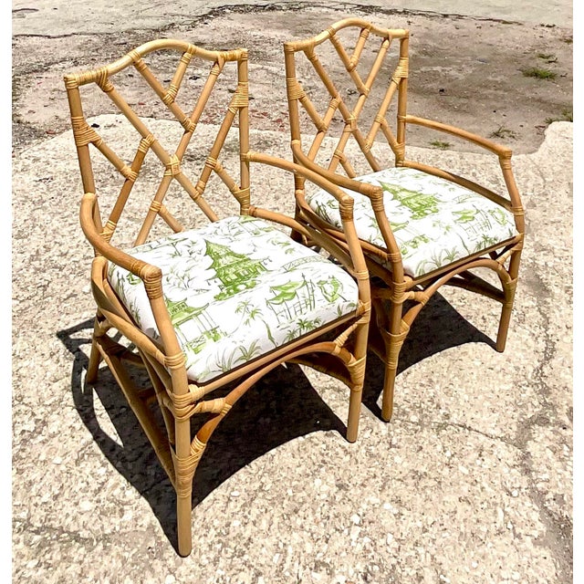 Camel Vintage Coastal Chinese Chippendale Rattan Armchairs – A Pair For Sale - Image 8 of 12